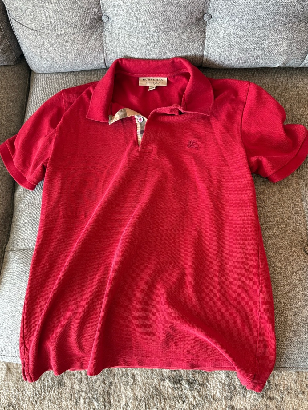 Burberry London Boys Red Nova Check Short Sleeve Polo Sz Medium
